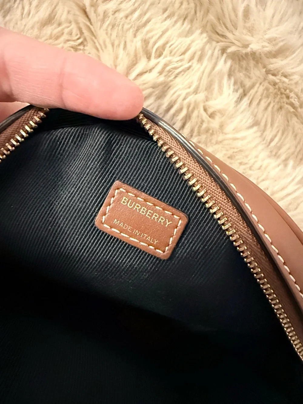 Burberry Cream Canvas Round Crossbody with Brown Leather Trim